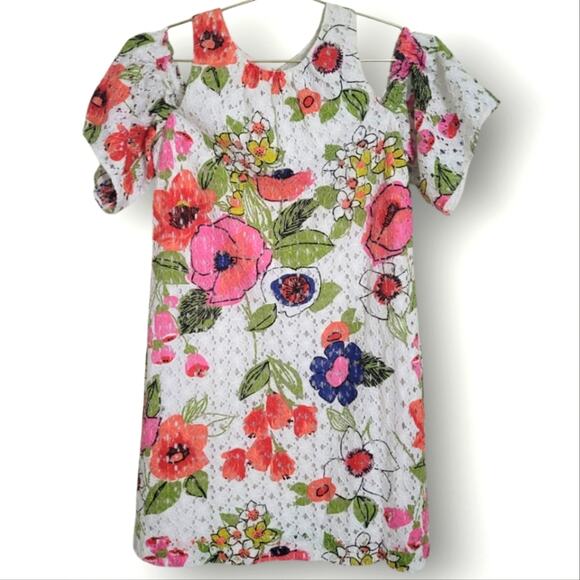 Trina Turk Breezy Floral Dress Size 4 White Pink Cold Shoulder Eyette Summer - Picture 1 of 10